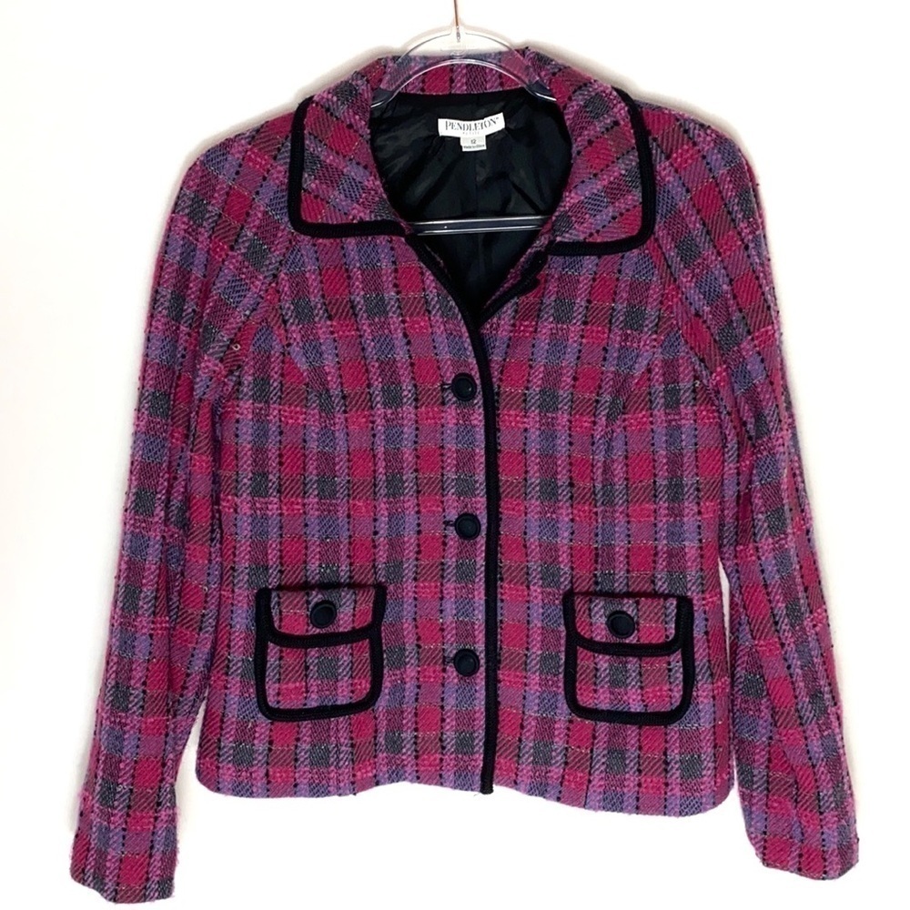 Pendleton pink and purple plaid wool blend blazer jacket size 12P